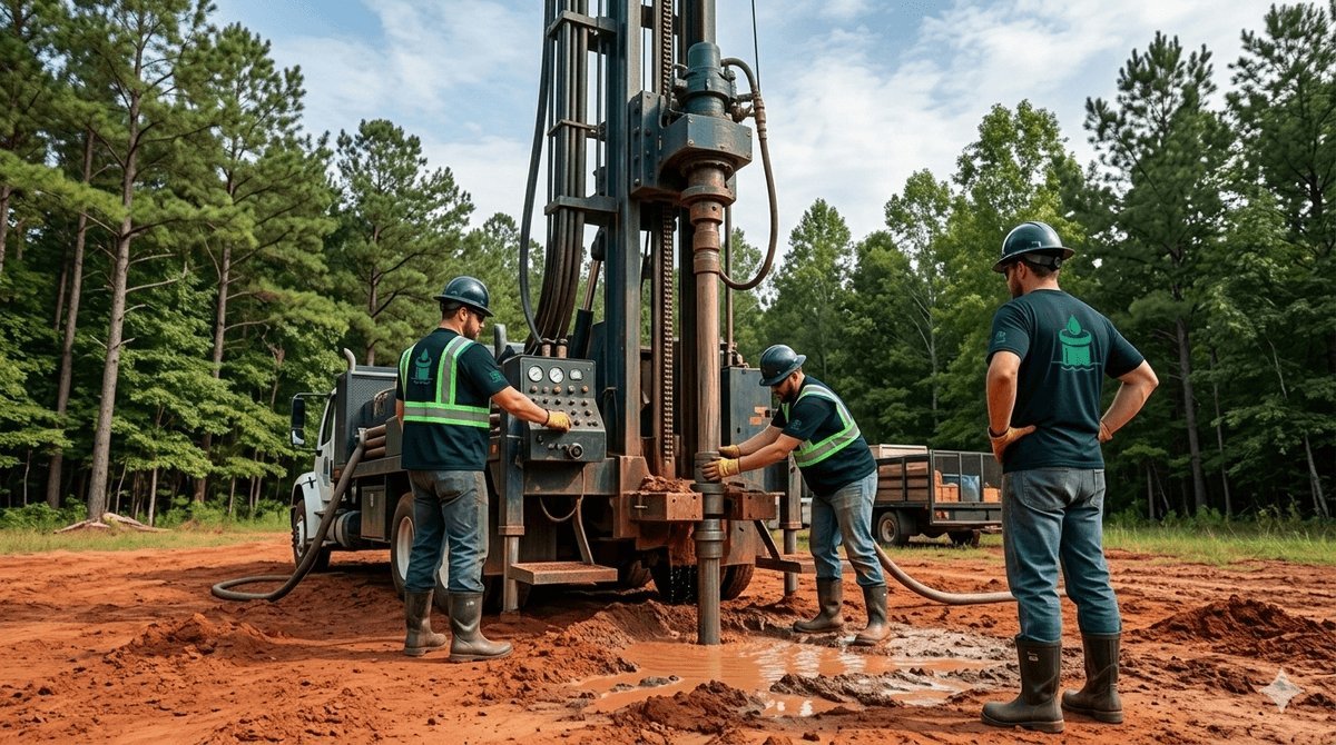 Well drilling crew with rotary rig on a rural Baldwin County property