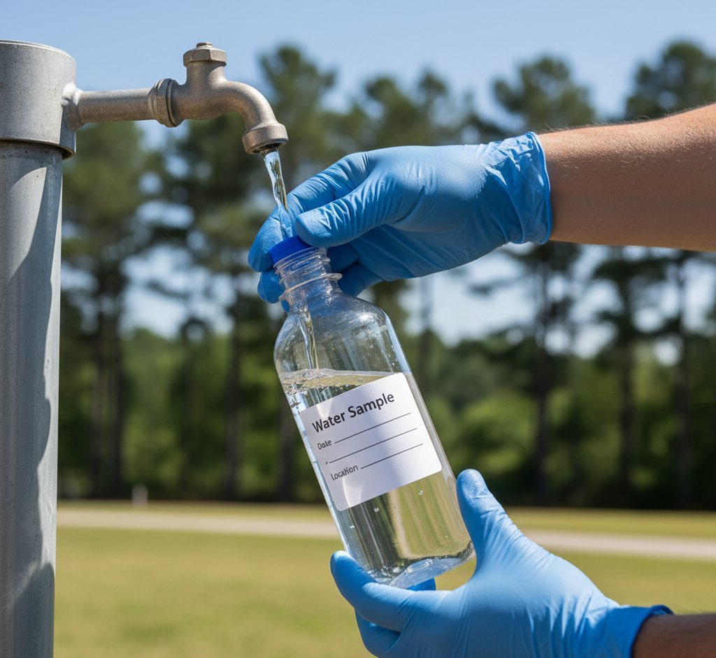 Water testing kit and sample bottles beside a well cap