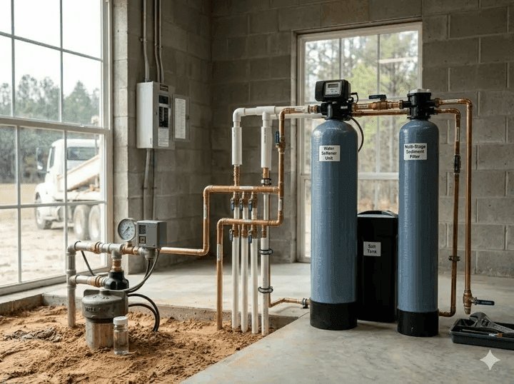 Whole-house water filtration and treatment system in a utility room