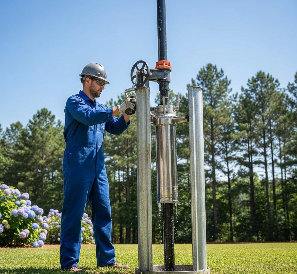 Submersible well pump being lifted from a well casing